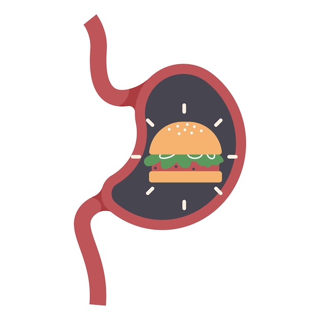 Vector heaviness in the stomach and overeating vector cartoon illustration isolated on a white background