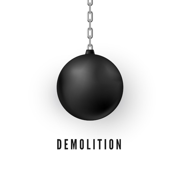 Vector heavy black wrecking ball for buildings destruction. realistic demolition sphere.  illustration isolated on white background