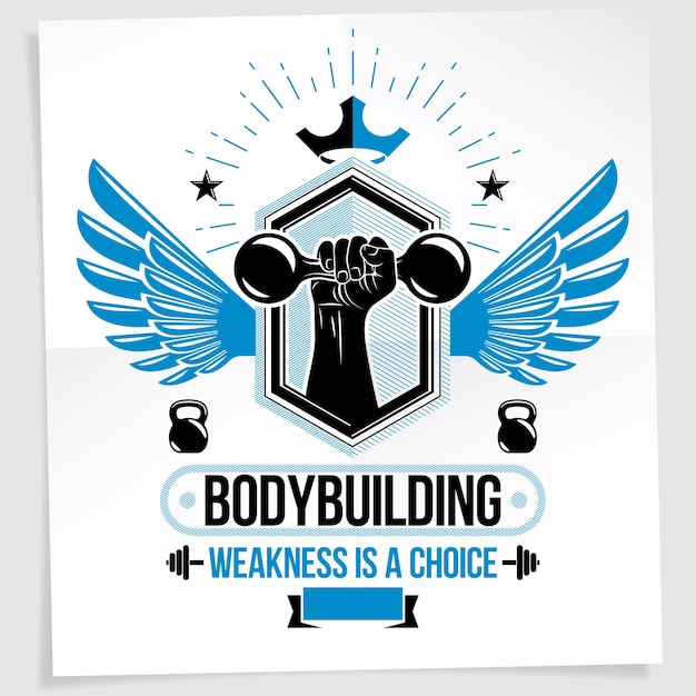 Heavy load power lifting kampioenschap vector reclame poster gemaakt met sterke gespierde bodybuilder arm met halter sportuitrusting. Zwakte is een keuze belettering.