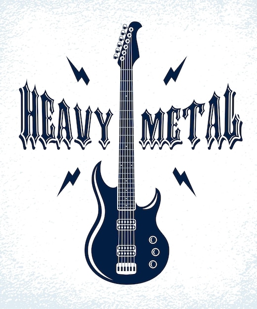 Emblema heavy metal con logo vettoriale di chitarra elettrica, etichetta di festival di concerti o night club, illustrazione di temi musicali, negozio di chitarre o stampa di t-shirt, insegna di rock band con tipografia elegante.