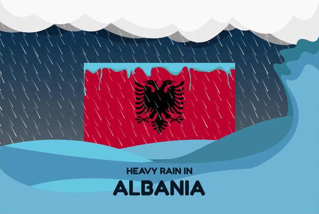 アルバニアの大雨バナー雨の日と冬のコンセプト寒い天候の洪水と降水量