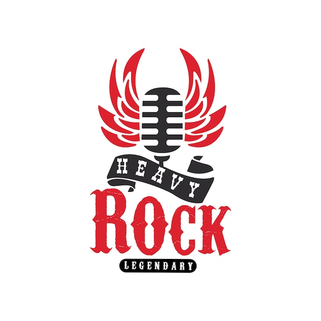 Heavy rock logo emblem with vintage microphone and wings for rock band festival guitar party or