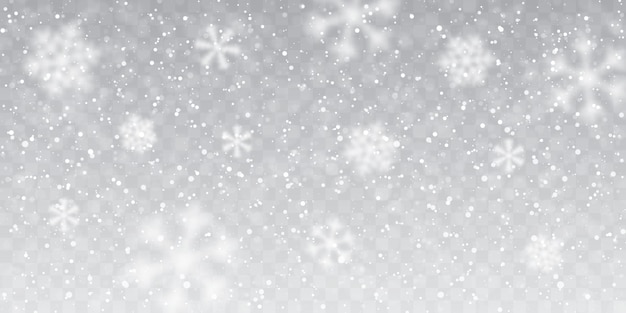 Vettore forte nevicata. fiocchi di neve che cadono su sfondo trasparente. fiocchi di neve bianchi che volano nell'aria.