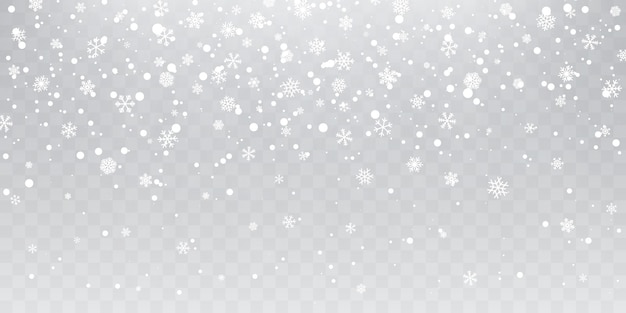 Heavy snowfall. Falling snowflakes on transparent background. White snowflakes flying in the air.