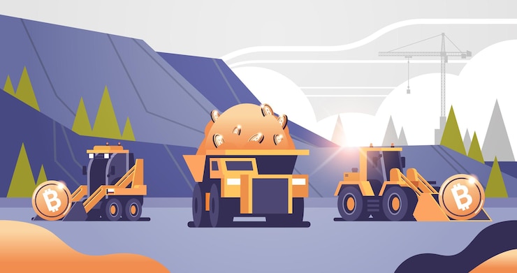 Vector heavy trucks mining transport with bitcoins golden coin digital money production cryptocurrency blockchain concept opencast stone quarry horizontal vector illustration