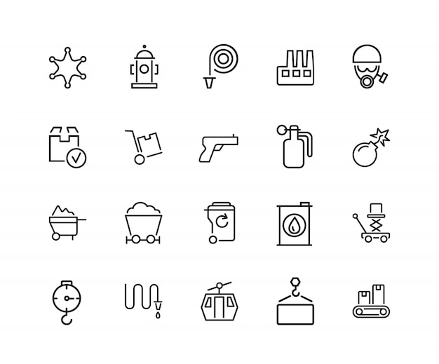 Vector heavy work icons. set of twenty line icons. miner, sapper, police.
