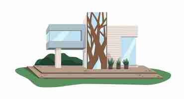 Vector hedendaagse architectuur van villabouw uit glas en hout. modern huisontwerp. buitenwijk onroerend goed in de voorsteden. gekleurde platte vectorillustratie van onroerend goed geïsoleerd op een witte achtergrond.