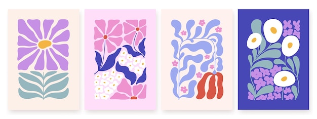 Hedendaagse doodle bloemen muurplakkaten Florale abstracte covers decoratieve planten en bloemen kaarten Racy matisse geïnspireerd vector grafisch ontwerp