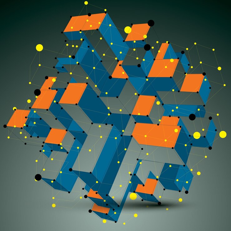 Vector hedendaagse technologie kleurrijke stijlvolle futuristische constructie, abstracte 3d-figuur met aaneengesloten lijnen en punten.