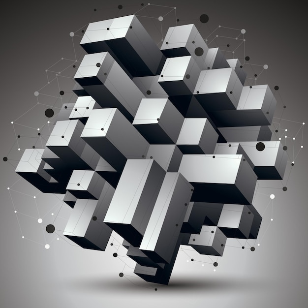 Hedendaagse technologie zwart-wit stijlvolle architecturale constructie, abstracte 3D-figuur met aaneengesloten lijnen en punten.