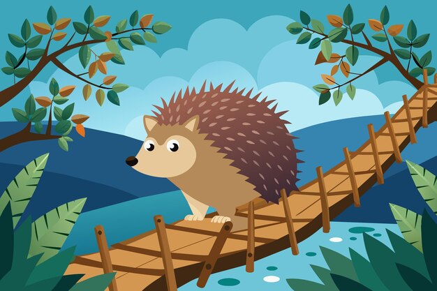 A hedgehog crossing a bridge made of twigs