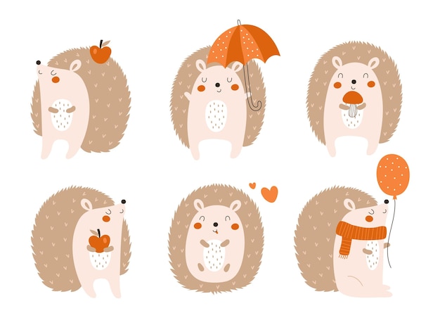 Hedgehog cute illustration set Cartoon vector hedgehogs Cute forest animals