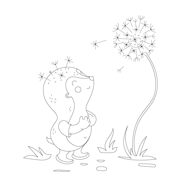 Hedgehog and dandelion coloring book the contour is editable