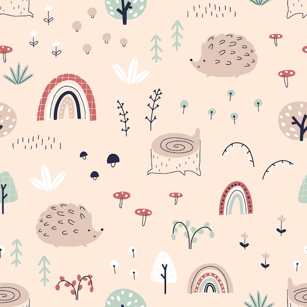 Hedgehog in the forest with rainbows seamless pattern. Autumn illustration in simple hand drawn scandinavian style. The limited pastel palette is ideal for printing baby clothes, fabrics, textiles.