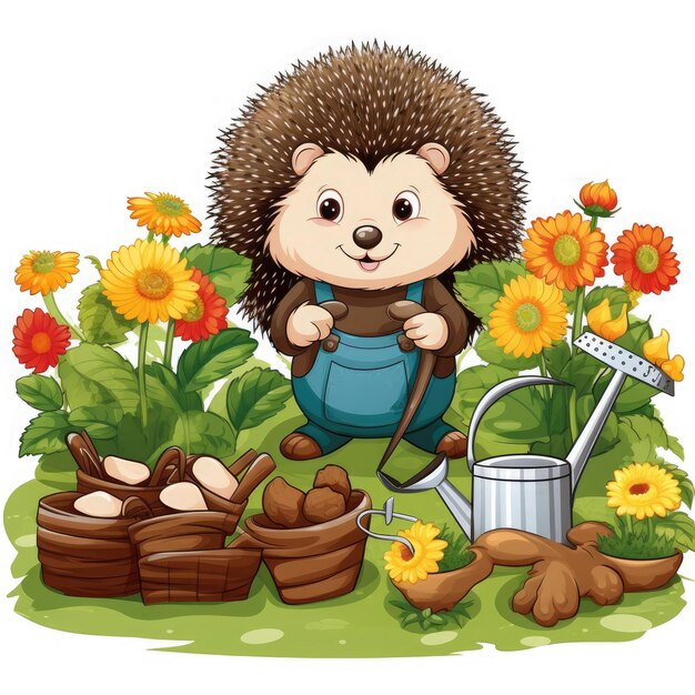 Hedgehog gardening on White Background