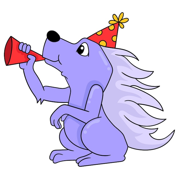 The hedgehog is celebrating the new year blowing the trumpet vector illustration art doodle icon image kawaii