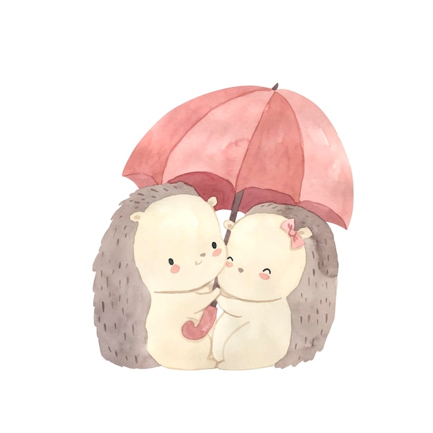 Hedgehog under umbrella watercolor illustration for kids