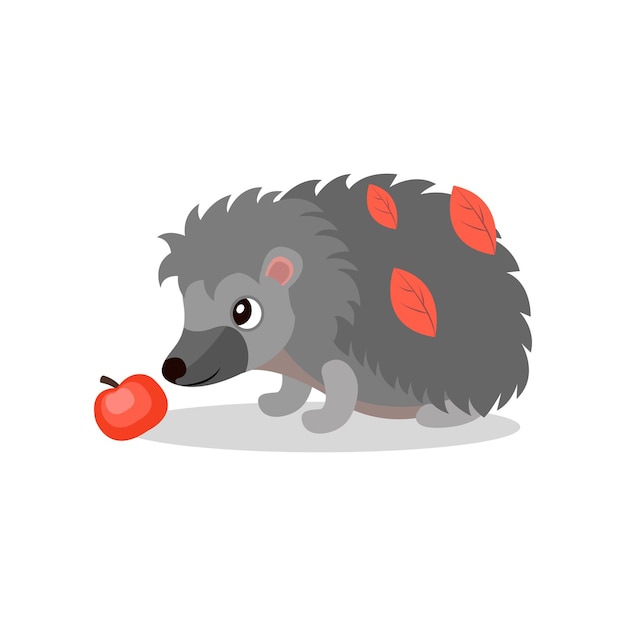 Hedgehog with red apple cute animal cartoon character vector Illustration isolated on a white background