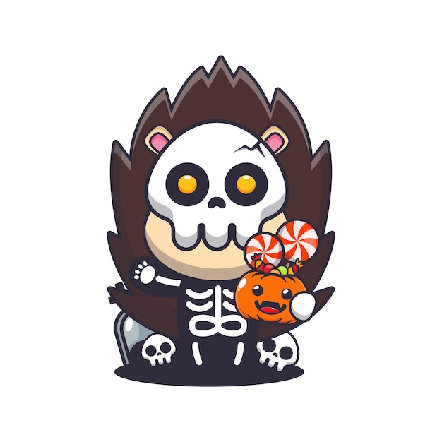Ёжик в костюме скелета держит тыкву на Хэллоуин