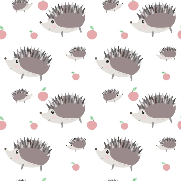 Hedgehogs and Apples Seamless Pattern - Vector Illustration