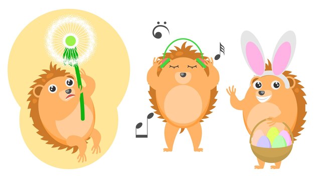 Hedgehogs Flying On A Dandelion, In Bunny Ears With A Basket Of Eggs, Listening To Music Headphones