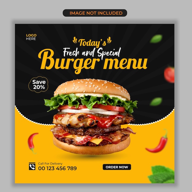 Heerlijk burgermenu en eten social media post ontwerpsjabloon Premium Vector