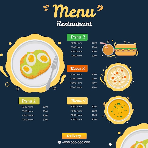 Vector heerlijk eten menu driebladig voor restaurant