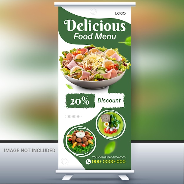 Heerlijk eten menu roll-up banner ontwerp en restaurant roll-up banner ontwerpsjabloon