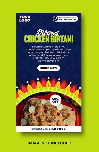 Heerlijk Indiaas eten menu en kip biryani social media verhalen ontwerpsjabloon