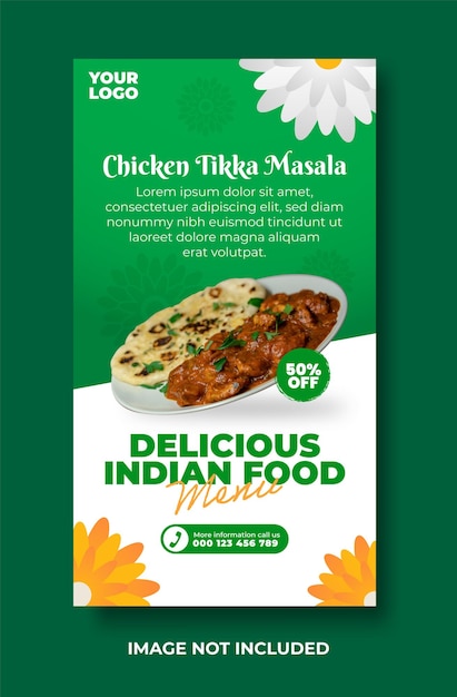 Heerlijk Indiaas eten menu en kip tikka masala social media verhalen ontwerpsjabloon