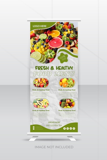 Heerlijk vers voedsel roll-up banner ontwerpsjabloon of promotionele restaurant standee