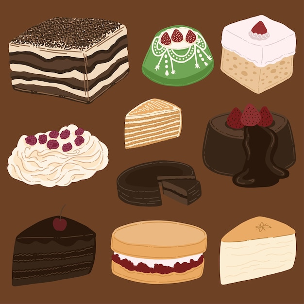 Heerlijke cake en dessert Leuke handgetekende illustratieset