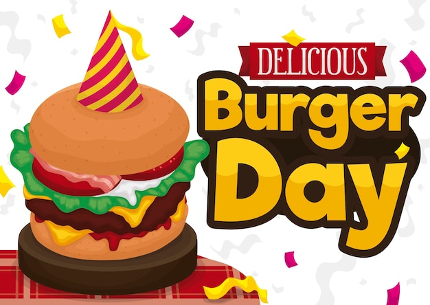 Heerlijke cheeseburger met feestmuts en feestelijke confetti om Burger Day te vieren