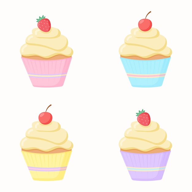 Heerlijke cupcake met de kers van de roomaardbei Ontwerp van de dessert het vectorillustratie