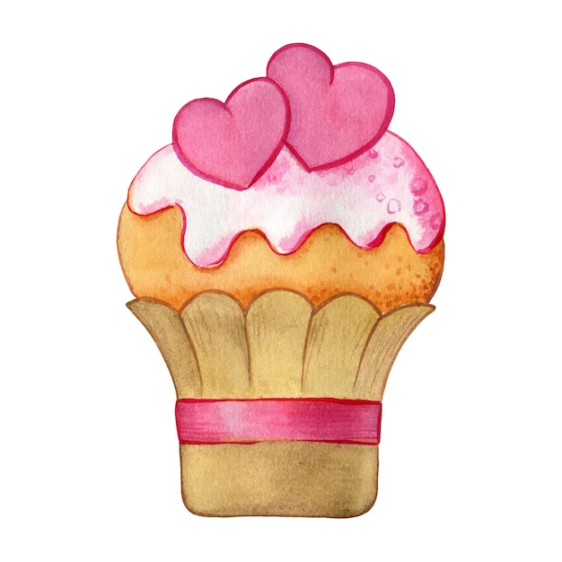 Heerlijke cupcake met hartjes, aquarel