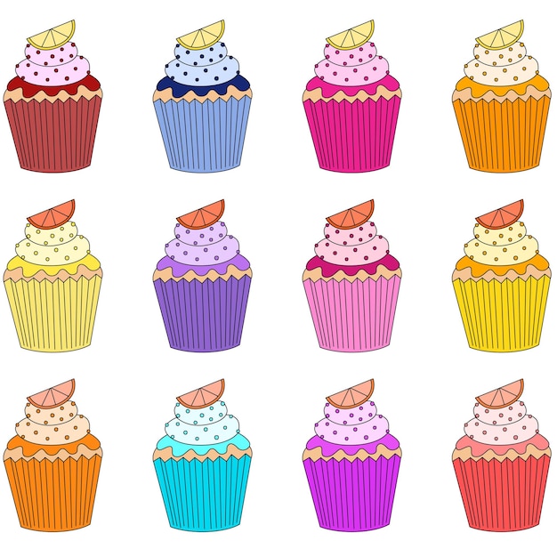 Heerlijke cupcakes en muffins vector cartoon set Taarten met schijfje sinaasappel citroen illustratie