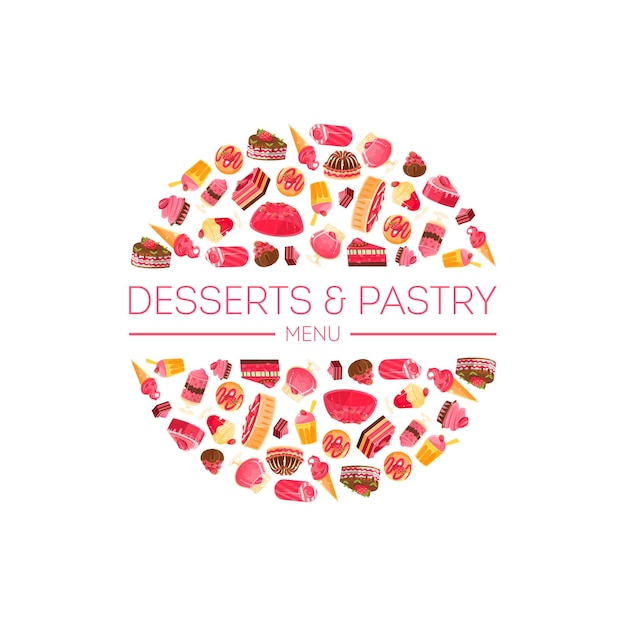 Heerlijke desserts en gebak Ronde vorm snoepwinkel Ontwerpelement Vectorillustratie op witte achtergrond