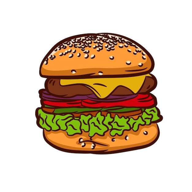 Heerlijke en sappige hamburger geïsoleerd op een witte achtergrond is er een plek voor het afdrukken van illustratie in inkt handgetekende stijl