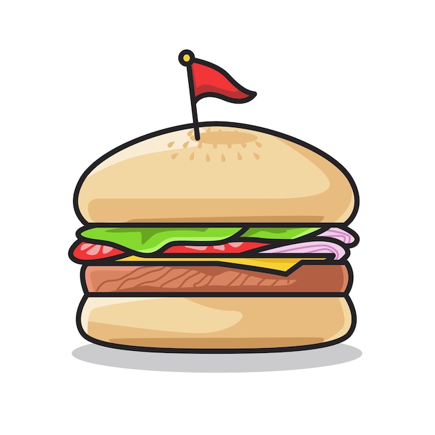 Heerlijke fastfoodburger met groente in schattige lijntekeningenillustratie
