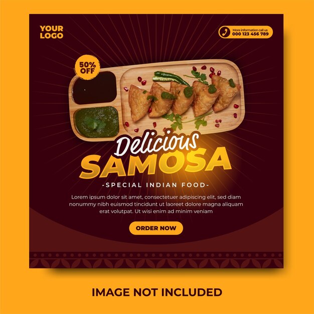 Heerlijke gefrituurde snack samosa Indiaas eten menu social media post ontwerpsjabloon