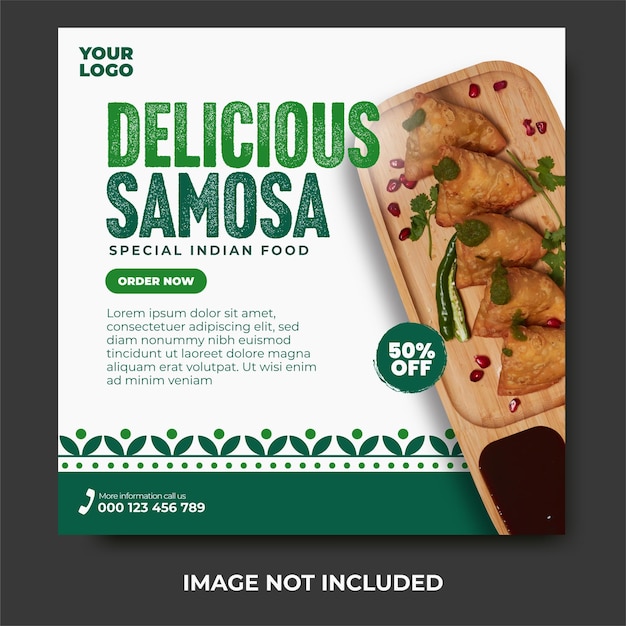 Heerlijke gefrituurde snack samosa Indiaas eten menu social media post ontwerpsjabloon