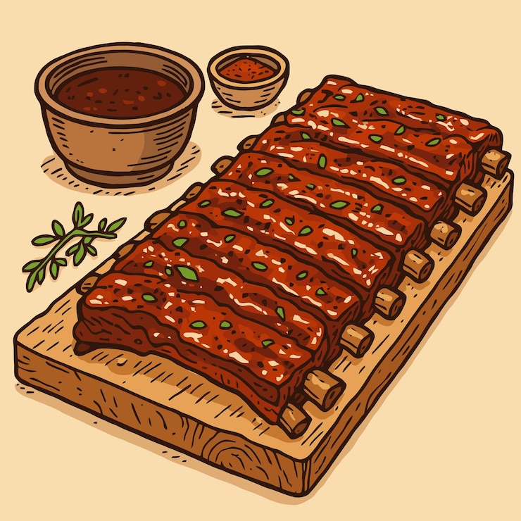 Vector heerlijke gegrilde ribben met bbq saus op houten snijplank