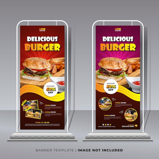 Vector heerlijke hamburger en eten menu roll-up standee banner template