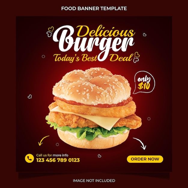 Heerlijke hamburger fastfood of restaurantpromotie en voedselmenu social media bannersjabloonontwerp