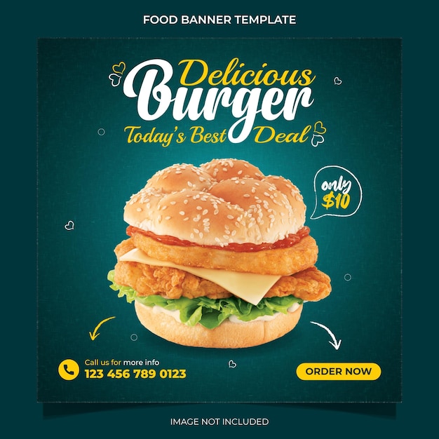 Heerlijke hamburger fastfood of restaurantpromotie en voedselmenu social media bannersjabloonontwerp