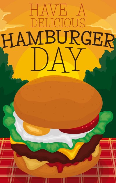 Vector heerlijke hamburger geserveerd tijdens een picknick ter herdenking van hamburgerdag