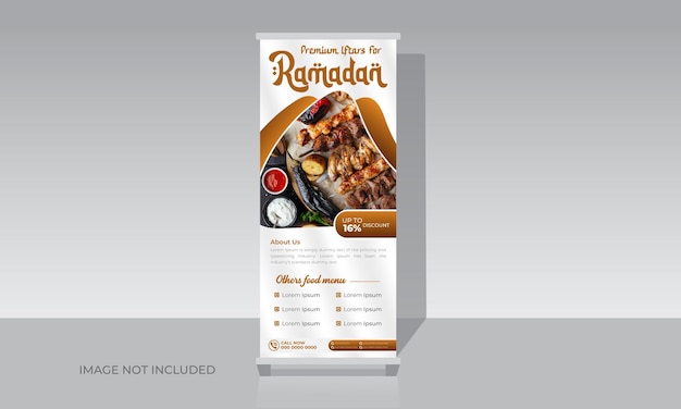 Vector heerlijke iftar ramadan special food roll-up banner stand template