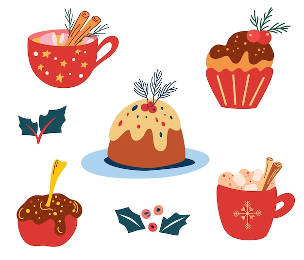 Heerlijke kerstsnoepjes en drankjes. traditionele vakantietraktaties. set van xmas peperkoek koekjes, lolly's, gebak, taarten en drankjes. cacao met marshmallow en kaneel. vector illustratie