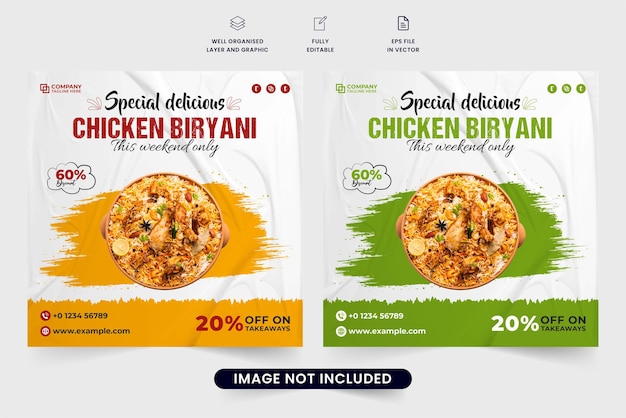 Heerlijke kip biryani promotie webbannerontwerp met groene en gele kleuren Restaurant eten advertentie sjabloon vector met kortingsaanbieding Kip biryani sociale media post voor restaurants