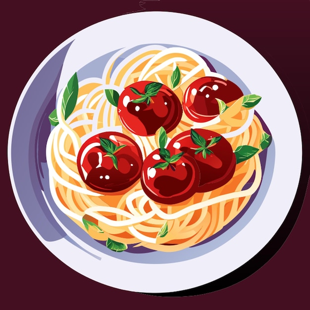 Vector heerlijke klassieke italiaanse spaghetti met tomatensaus parmesan kaas en basilicum op een bord op een donkere